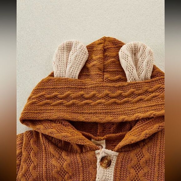 Two-Piece Teddy Bear Onesie with Hood & Matching Pants. Soft Cotton. Brown/Ivory - Picture 3 of 6